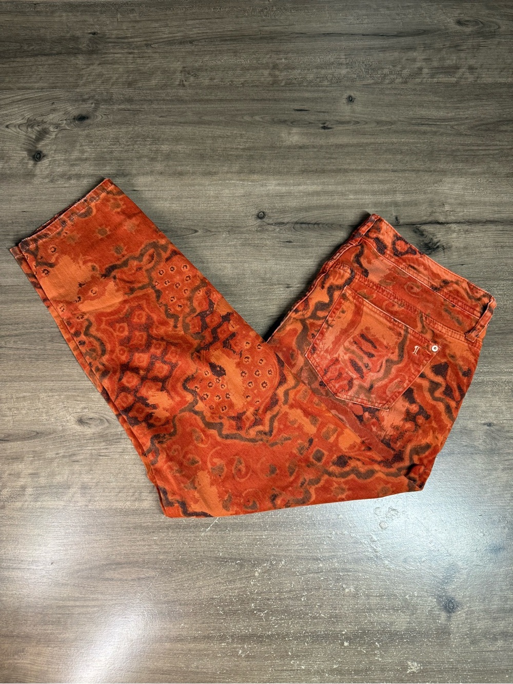 Anthropologie Pilcro Womens 16W Orange Tapestry Print Distressed Jeans Boho